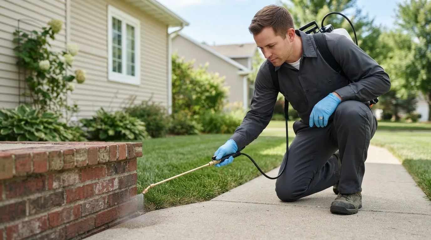 Pest control technician treating a home near Hiawatha, IA