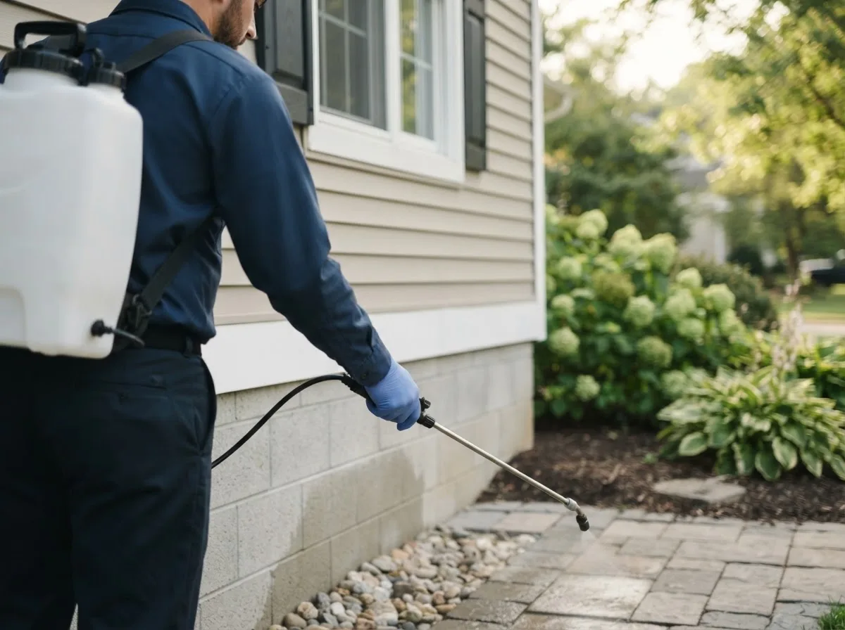 Pest control technician inspecting a home in Hiawatha, IA